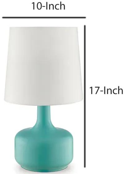 Metal Pot Belly Base Table Lamp with 3 Way Touch Light, White and Sky Blue-Benzara