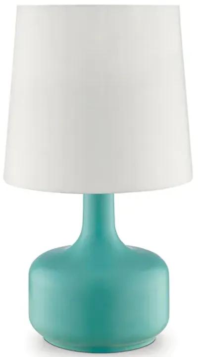 Metal Pot Belly Base Table Lamp with 3 Way Touch Light, White and Sky Blue-Benzara