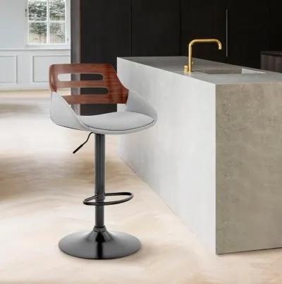 Karter Adjustable Gray Faux Leather and Black Wood Bar Stool with Black Base