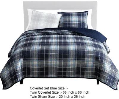 Ivy 2 Piece Twin Size Plaid Coverlet with Matching Sham, Blue, White - Benzara