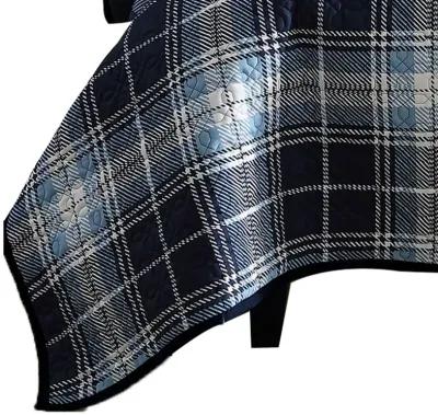 Ivy 2 Piece Twin Size Plaid Coverlet with Matching Sham, Blue, White - Benzara