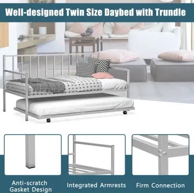 Twin Daybed Set with Metal Slat Support and Roll-Out Trundle