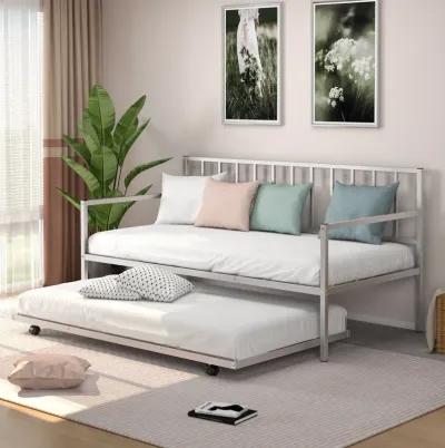 Twin Daybed Set with Metal Slat Support and Roll-Out Trundle