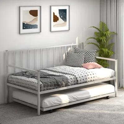 Twin Daybed Set with Metal Slat Support and Roll-Out Trundle