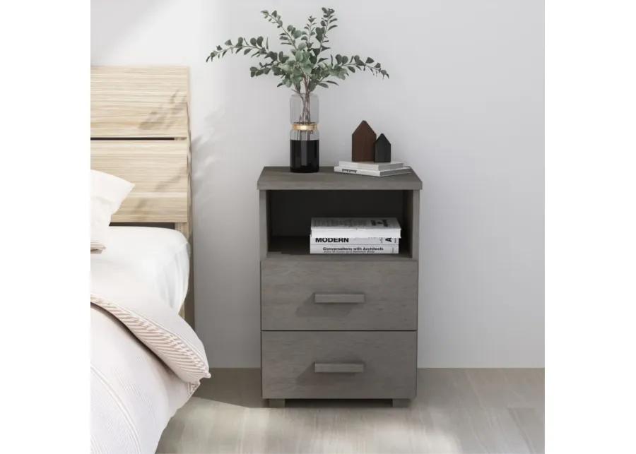 vidaXL HAMAR Bedside Cabinet, Solid Pinewood Side Table, Light Gray - Complete with Two Drawers and Open Shelf for Ample Storage