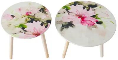 Byle 16, 20 Inch Side Table Set of 2, Floral Design, Pink and White - Benzara