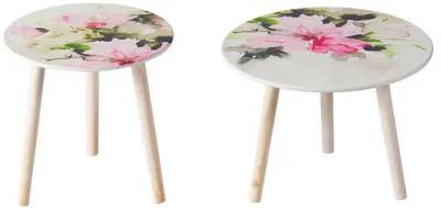 Byle 16, 20 Inch Side Table Set of 2, Floral Design, Pink and White - Benzara