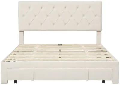 Queen Size Storage Bed Velvet Upholstered Platform Bed With A Big Drawer