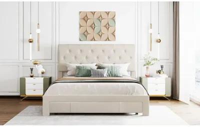 Queen Size Storage Bed Velvet Upholstered Platform Bed With A Big Drawer