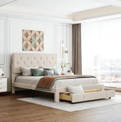 Queen Size Storage Bed Velvet Upholstered Platform Bed With A Big Drawer