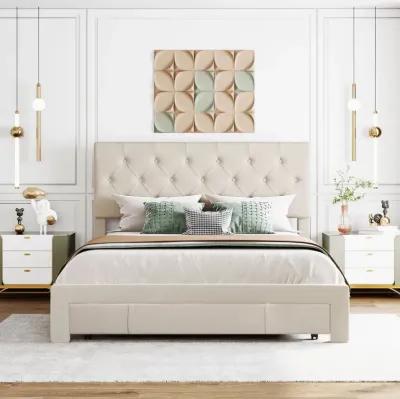 Queen Size Storage Bed Velvet Upholstered Platform Bed With A Big Drawer