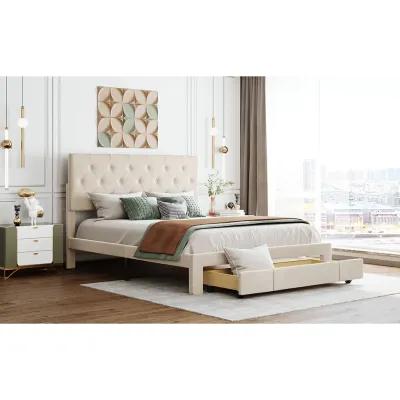 Queen Size Storage Bed Velvet Upholstered Platform Bed With A Big Drawer