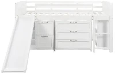 Low Twin Size Loft Bed With Cabinets, Shelves And Slide