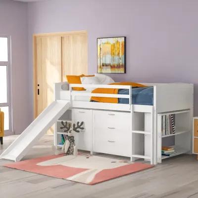 Low Twin Size Loft Bed With Cabinets, Shelves And Slide