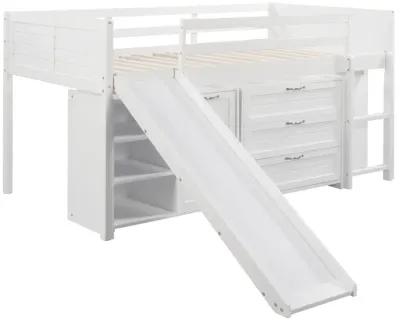 Low Twin Size Loft Bed With Cabinets, Shelves And Slide