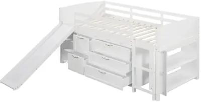 Low Twin Size Loft Bed With Cabinets, Shelves And Slide