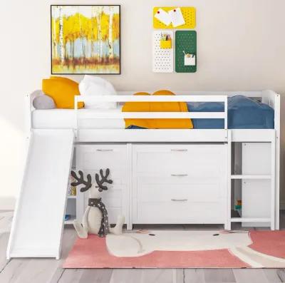 Low Twin Size Loft Bed With Cabinets, Shelves And Slide