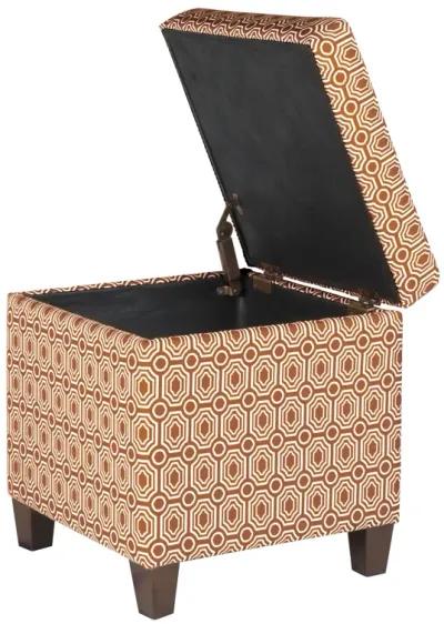 Geometric Patterned Square Wooden Ottoman with Lift Off Lid Storage, Orange and Cream - Benzara