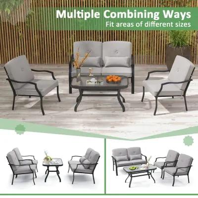 4 Pieces Outdoor Conversation Set with Seat Back Cushions and Waist Pillows-Gray