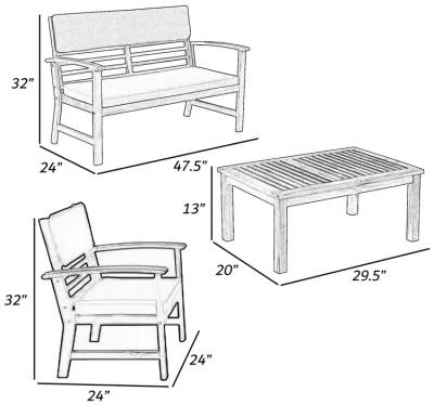 4 Piece Outdoor Patio Table, Loveseat, and Chairs Set, Blue, Brown Wood - Benzara