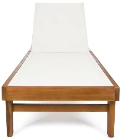 Liam Outdoor Chaise Lounger, Ergonomic White Mesh Seat, Brown Acacia Wood