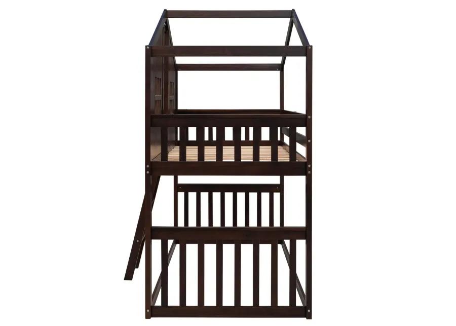 Twin Over Twin House Bunk Bed With Ladder, Wood Bed