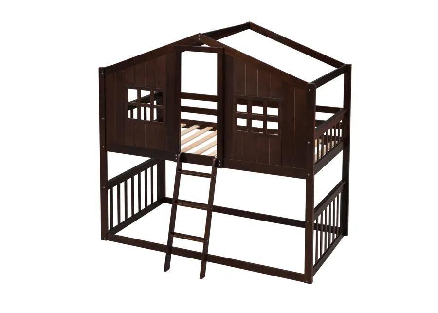 Twin Over Twin House Bunk Bed With Ladder, Wood Bed