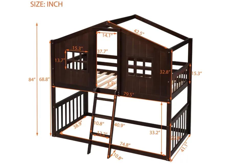 Twin Over Twin House Bunk Bed With Ladder, Wood Bed