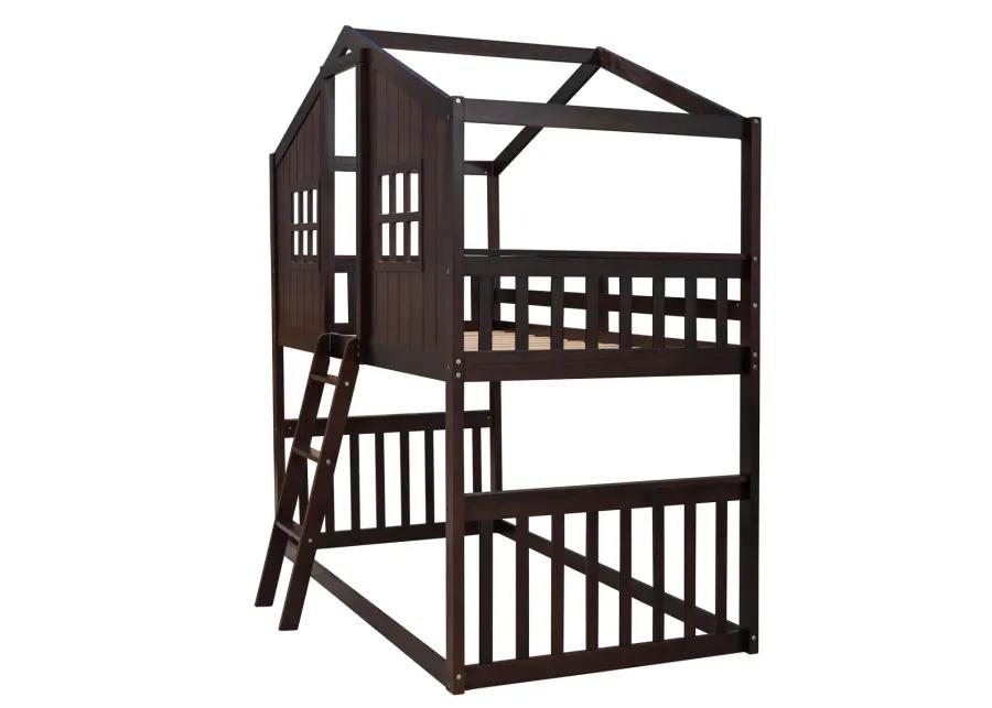 Twin Over Twin House Bunk Bed With Ladder, Wood Bed