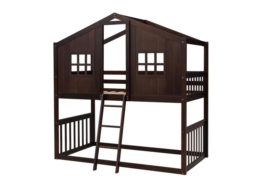 Twin Over Twin House Bunk Bed With Ladder, Wood Bed