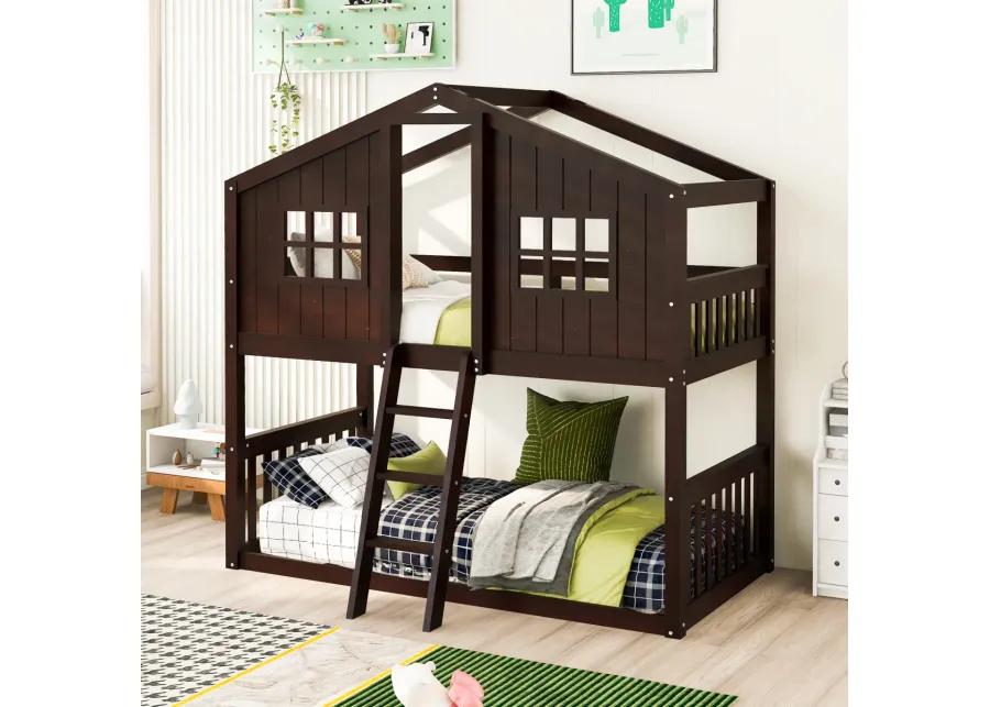 Twin Over Twin House Bunk Bed With Ladder, Wood Bed