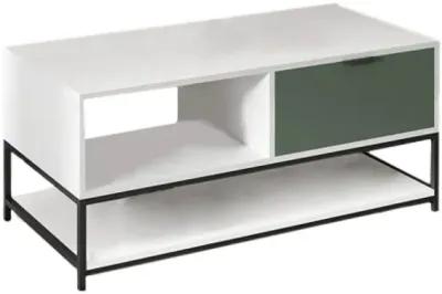 Watson White And Green Wood Coffee Table Steel Frame With Shelves And Drawer