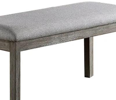 Lais 45 Inch Dining Bench, Wired Brushed Gray Wood, Gray Fabric Padded Seat - Benzara