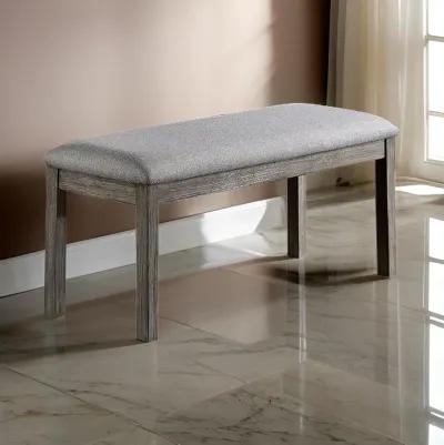 Lais 45 Inch Dining Bench, Wired Brushed Gray Wood, Gray Fabric Padded Seat - Benzara