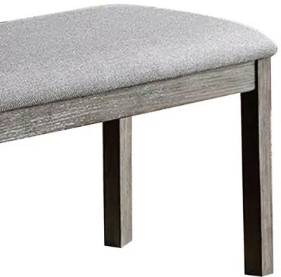 Lais 45 Inch Dining Bench, Wired Brushed Gray Wood, Gray Fabric Padded Seat - Benzara