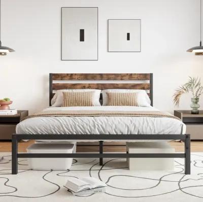 Queen Size Platform Bed Frame With Rustic Vintage Wood Headboard, Strong Metal Slats Support