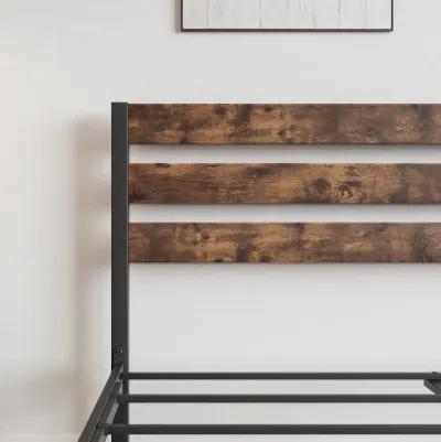 Queen Size Platform Bed Frame With Rustic Vintage Wood Headboard, Strong Metal Slats Support