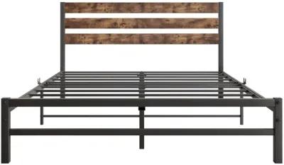 Queen Size Platform Bed Frame With Rustic Vintage Wood Headboard, Strong Metal Slats Support