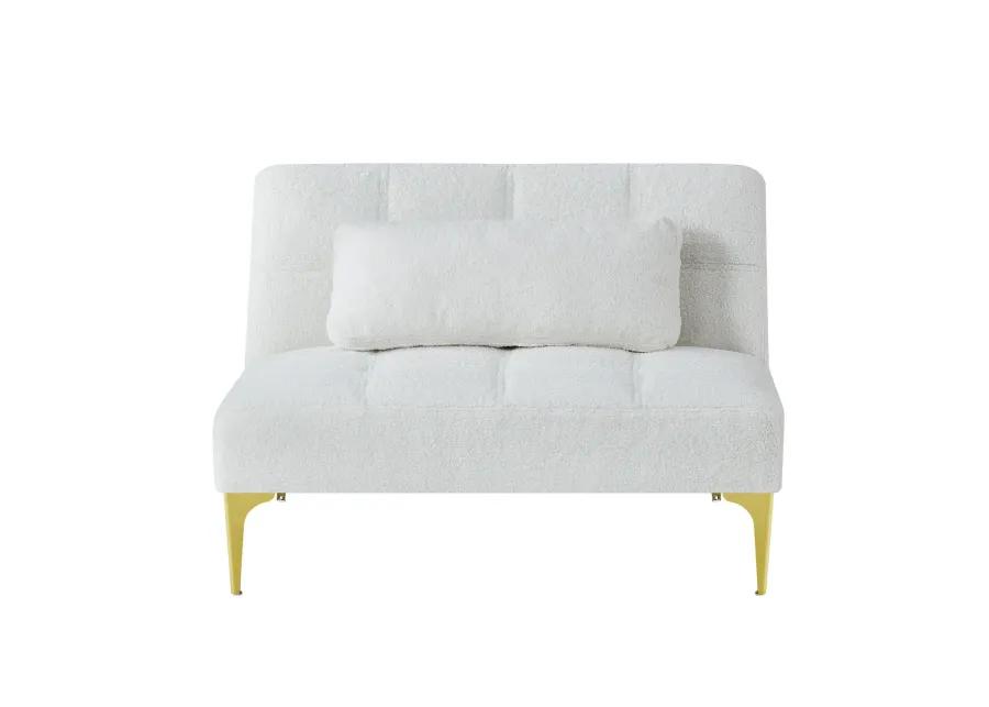 Convertible Sofa Bed Futon With Gold Metal Legs Teddy Fabric (White)