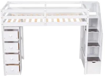 Twin Size Loft Bed With Storage Drawers And Stairs, Wooden Loft Bed With Shelves