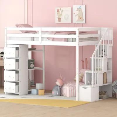 Twin Size Loft Bed With Storage Drawers And Stairs, Wooden Loft Bed With Shelves