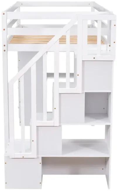 Twin Size Loft Bed With Storage Drawers And Stairs, Wooden Loft Bed With Shelves