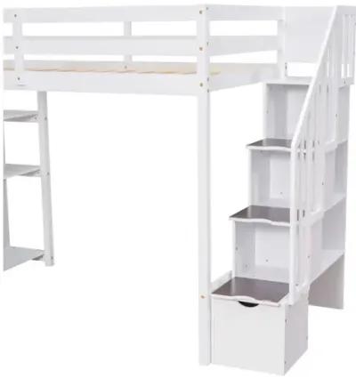 Twin Size Loft Bed With Storage Drawers And Stairs, Wooden Loft Bed With Shelves