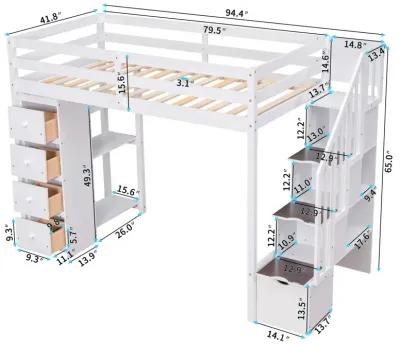 Twin Size Loft Bed With Storage Drawers And Stairs, Wooden Loft Bed With Shelves