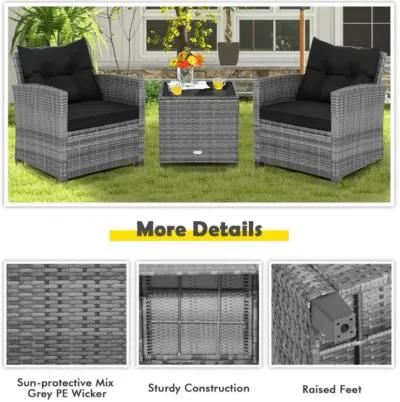 Hivvago 3 Pieces Outdoor Wicker Conversation Set with Tempered Glass Tabletop