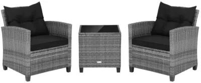 Hivvago 3 Pieces Outdoor Wicker Conversation Set with Tempered Glass Tabletop