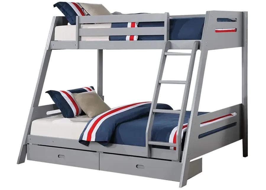 Emily Twin Over Full Bunk Bed with Ladder, 2 Drawers, Gray Solid Wood