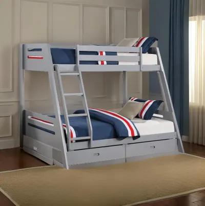 Emily Twin Over Full Bunk Bed with Ladder, 2 Drawers, Gray Solid Wood