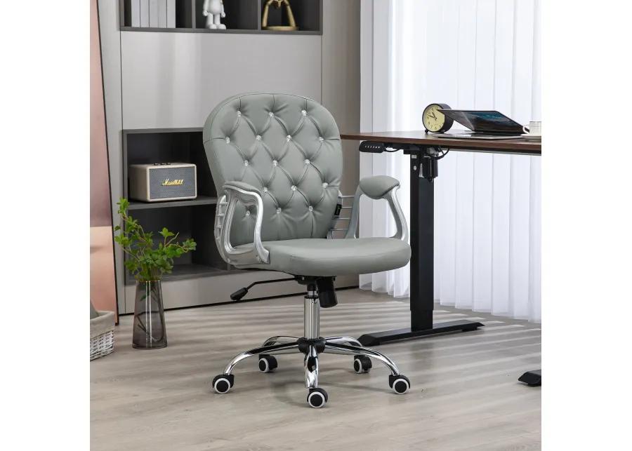 Gray PU Leather Desk Chair: Tufted, Padded Arms, Adjustable