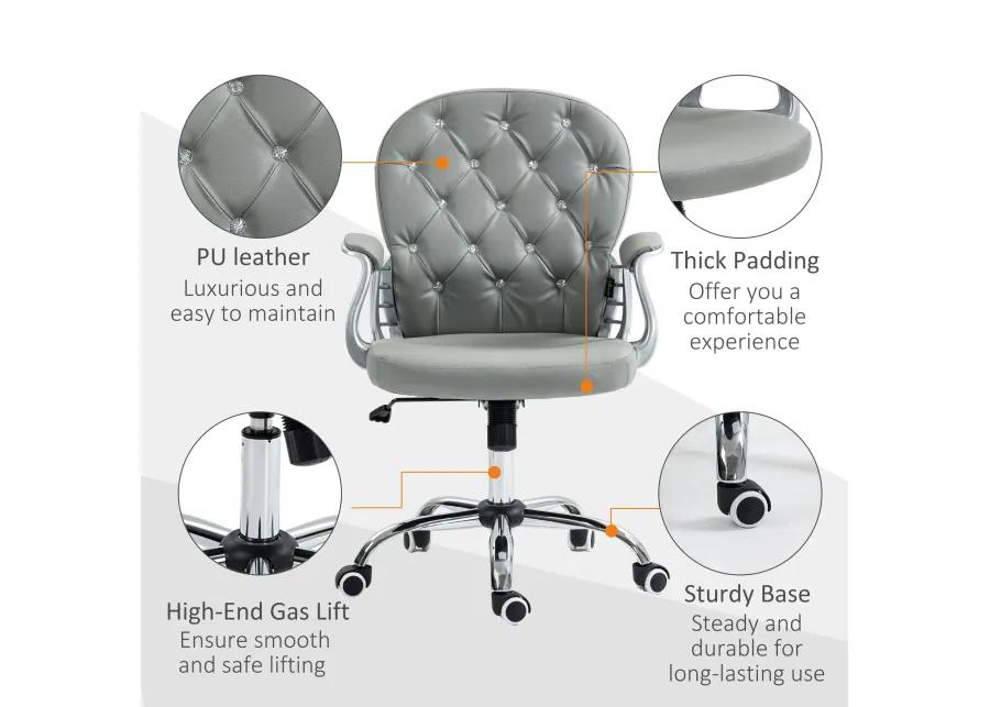 Gray PU Leather Desk Chair: Tufted, Padded Arms, Adjustable